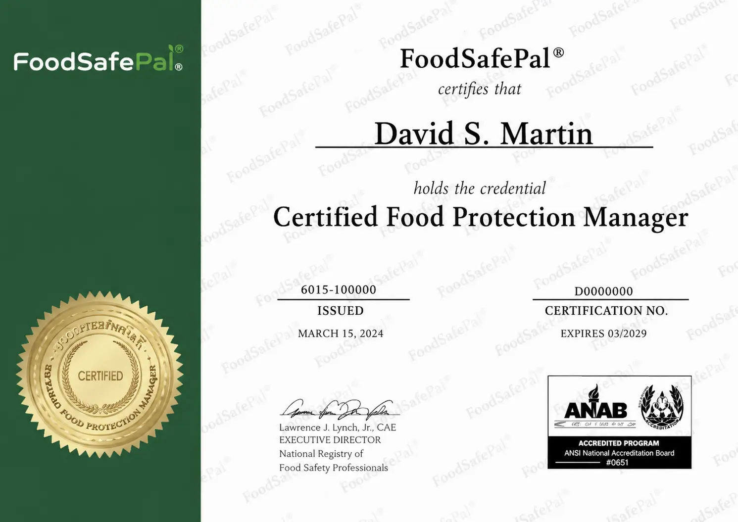Food Safety Manager Certification — David S. Martin