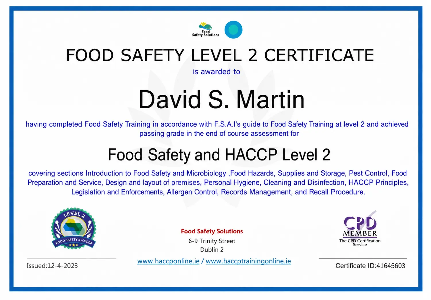 HACCP Food Safety Certification — David S. Martin