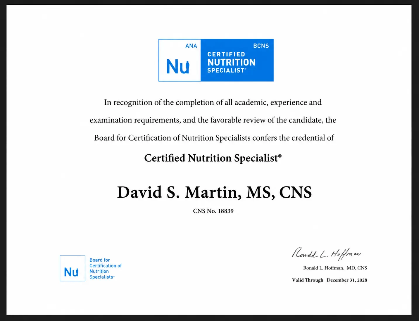 Certified Nutrition Specialist (CNS) Certification — David S. Martin