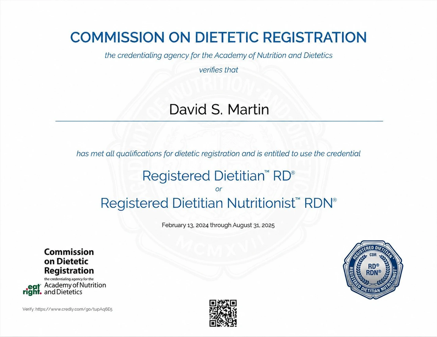 Registered Dietitian Nutritionist (RDN) Certification — David S. Martin